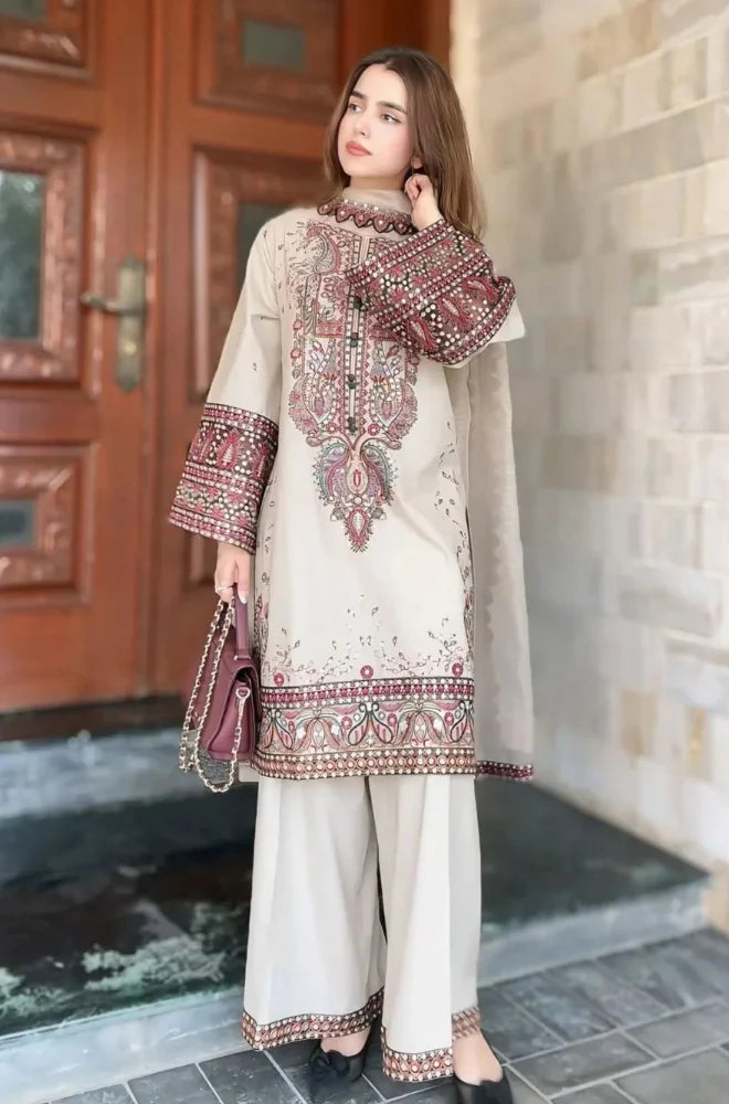 LM 2965 - 3 Piece Unstitched Embroidered Dhanak Fabric with Dhanak Embroidered Shawl