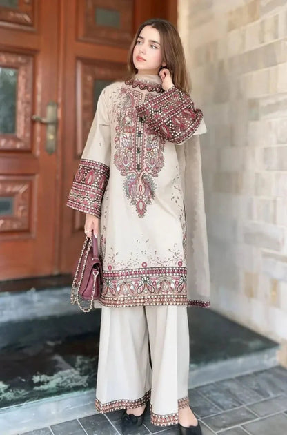 LM 2965 - 3 Piece Unstitched Embroidered Dhanak Fabric with Dhanak Embroidered Shawl