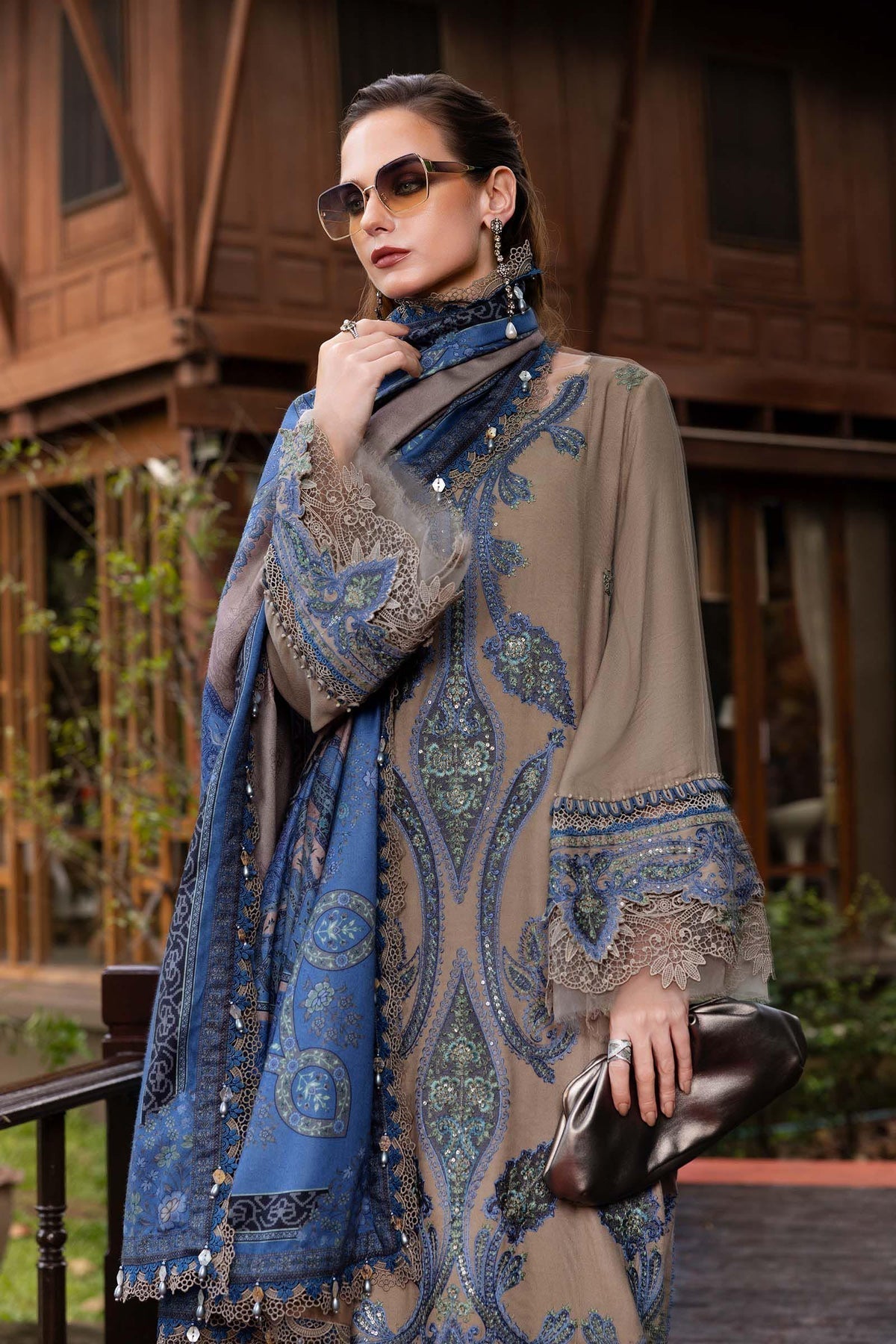 MB 3050 - 3 Piece Unstitched Heavy Embroidered Dhanak Fabric With Printed Wool Shawl