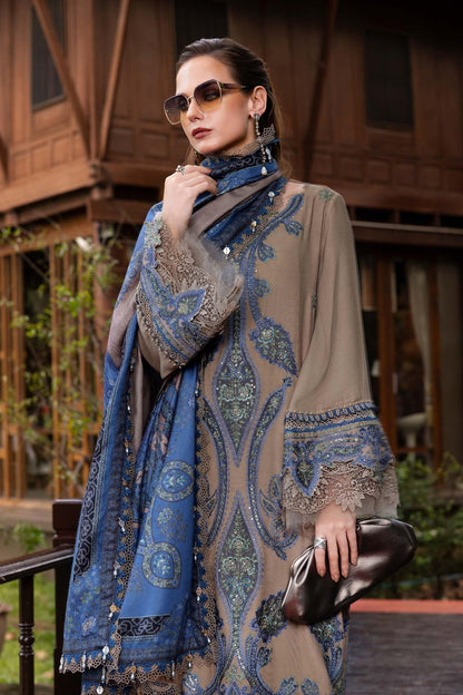 MB 3050 - 3 Piece Unstitched Heavy Embroidered Dhanak Fabric With Printed Wool Shawl