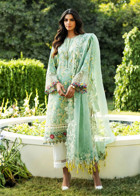 Unstitched 3 Piece Digital Printed Embroidered Lawn Suit With Embroidered Organza Dupatta