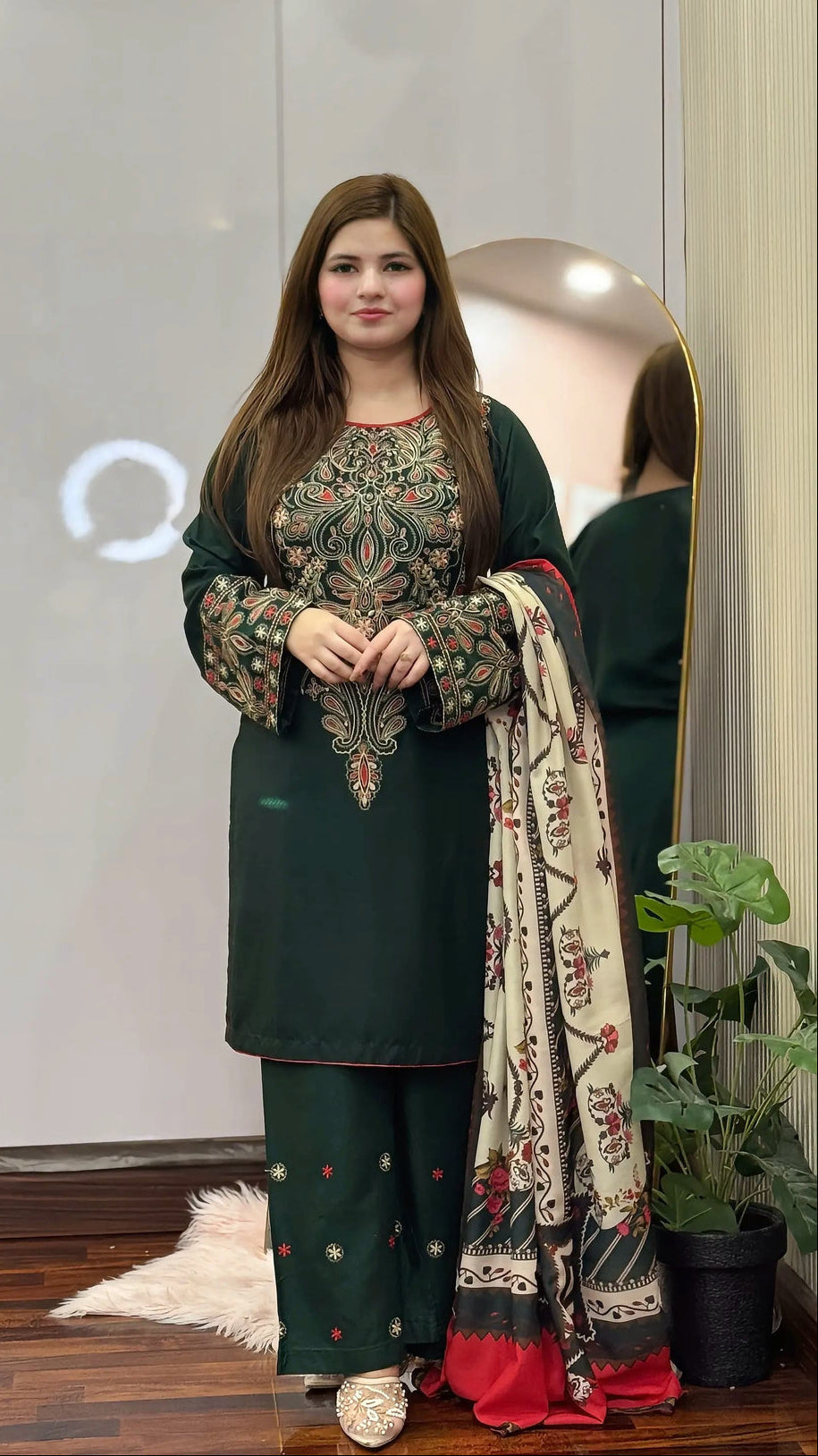 Unstitched 3 Piece Fully Embroidered Dhanak Fabric With Printed Blended Shawl