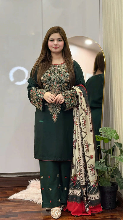 Unstitched 3 Piece Fully Embroidered Dhanak Fabric With Printed Blended Shawl