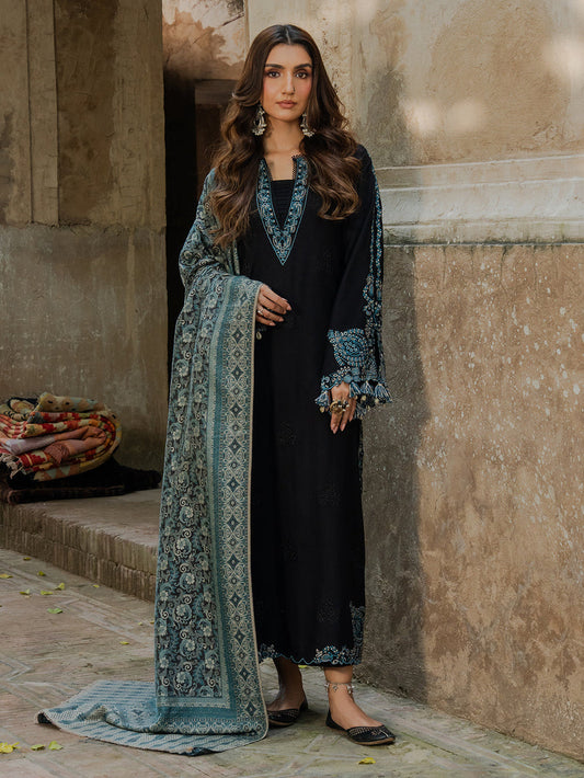 Unstitched 3 Piece Fully Embroidered Dhanak Suit with Printed Shawl