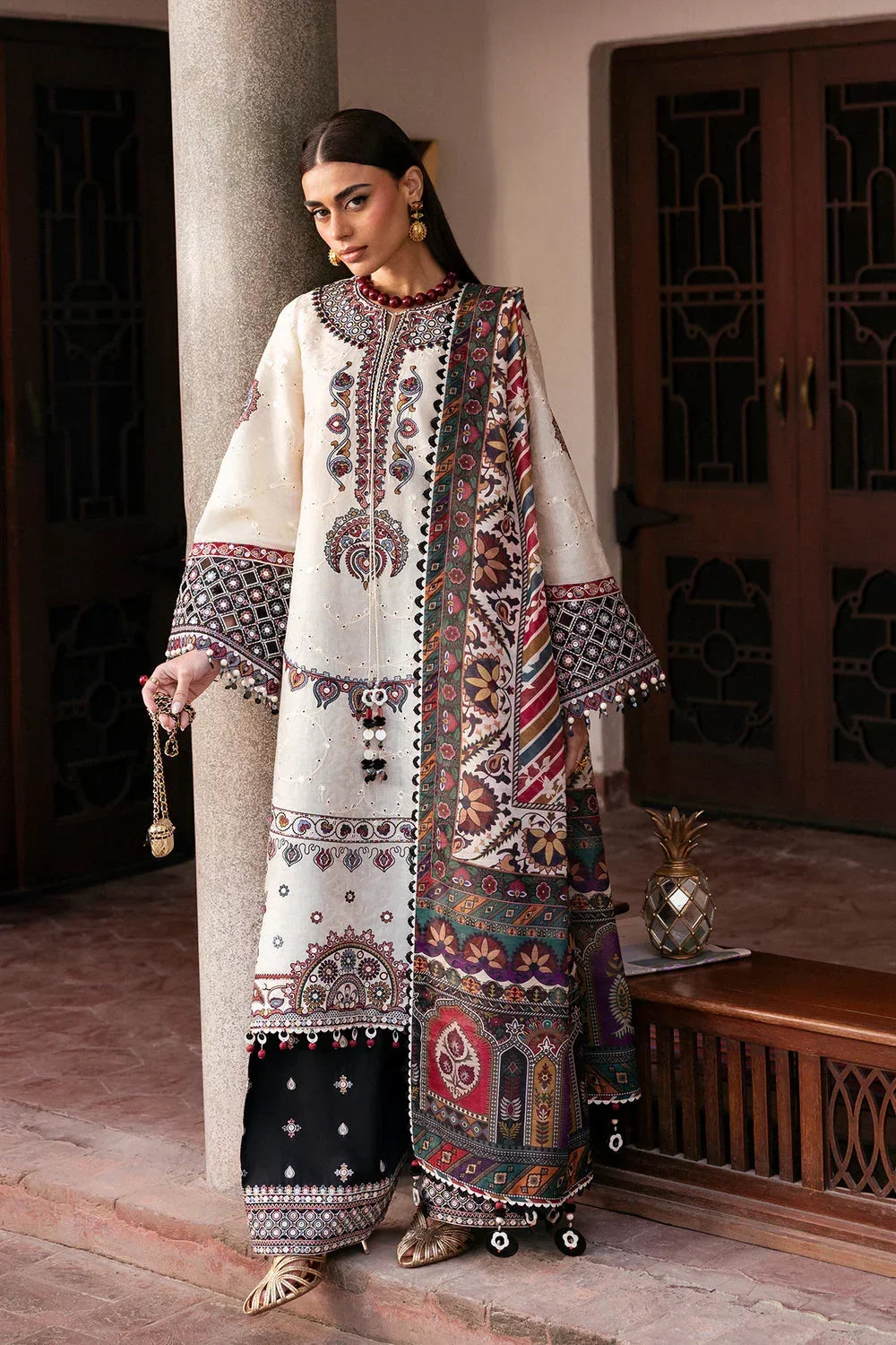JZ 2800 - 3 Piece Unstitched Embroidered Dhanak Fabric with Printed Dupatta
