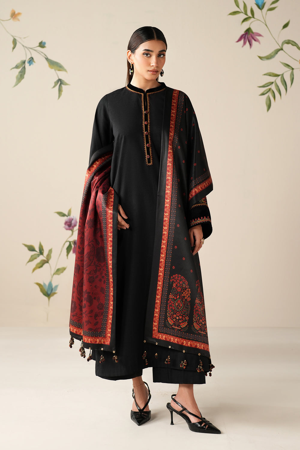 Unstitched 3 Piece Fully Embroidered Dhanak Suit with Printed Shawl