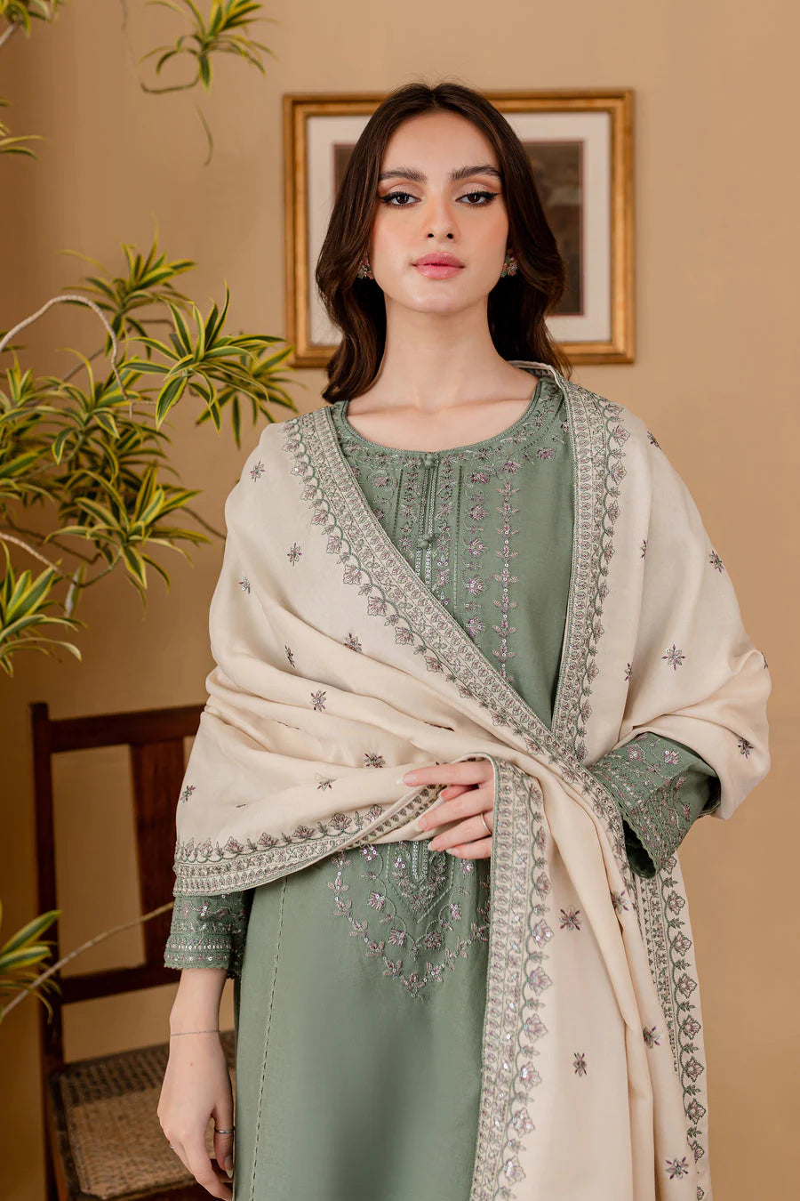 Unstitched 3 Piece Fully Embroidered Dhanak Suit with Embroidered Dupatta