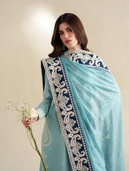 3 Piece Unstitched Fully Embroidered Dhanak Dress With Dhanak Embroidered Shawl