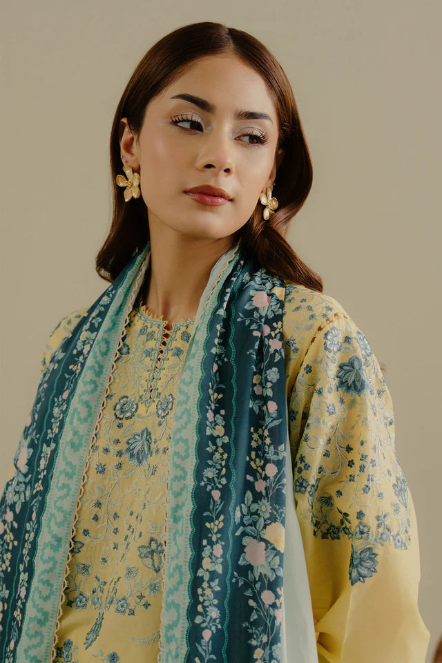 Unstitched 3 Piece Fully Embroidered Lawn Suit With Printed Monar Dupatta