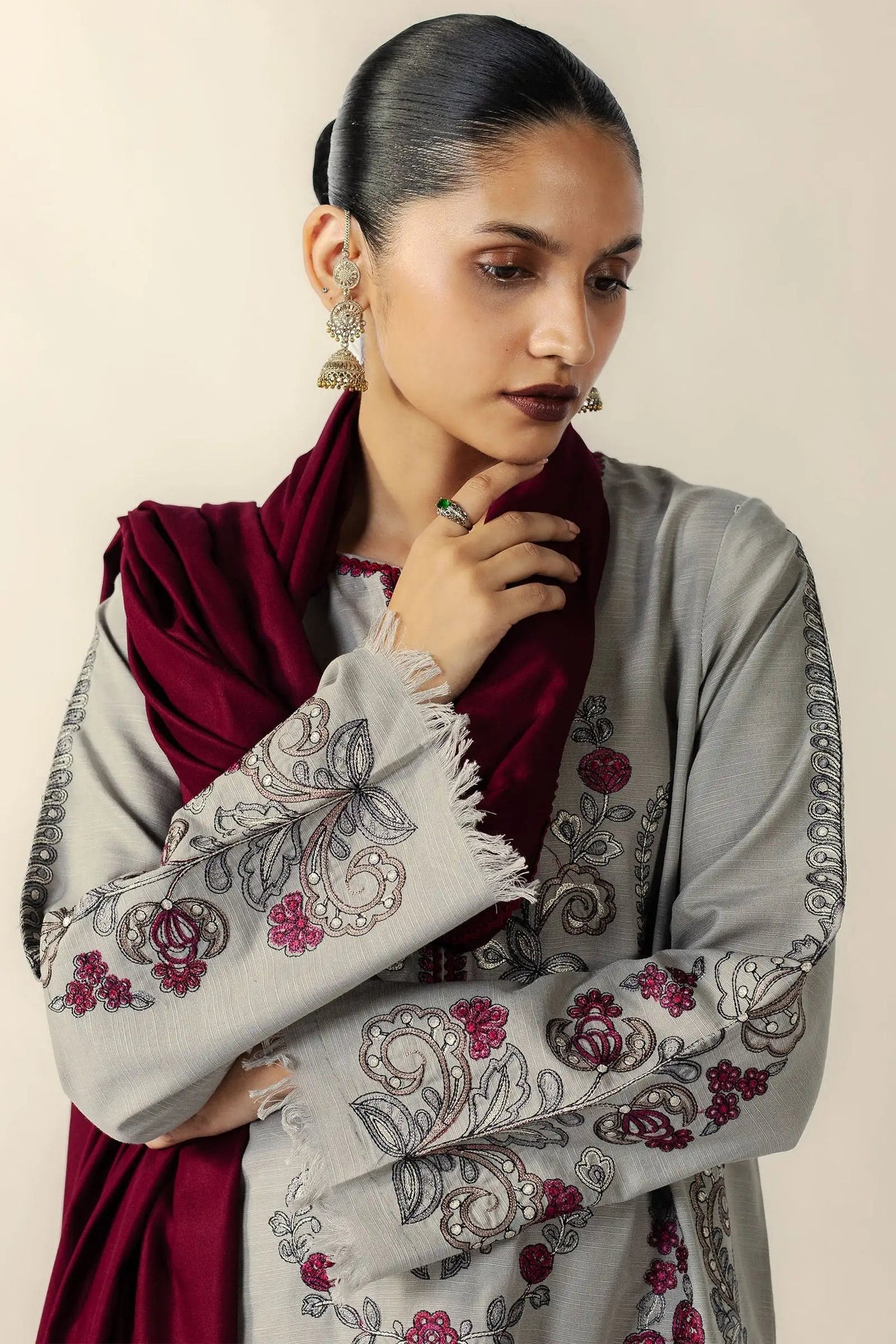 Unstitched 3 Piece Fully Embroidered Dhanak Suit with Embroidered Dhanak Shawl