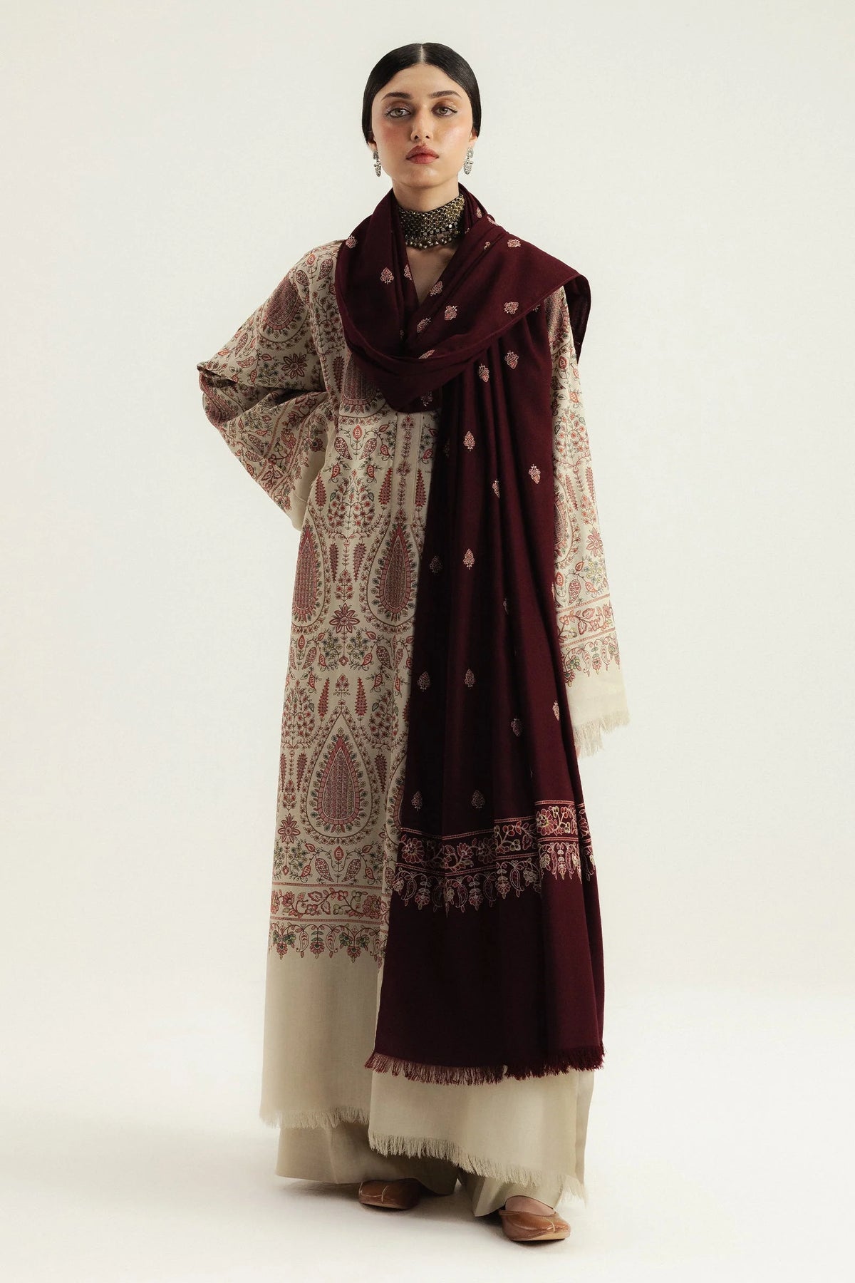 3 Piece Unstitched Fully Embroidered Dhanak Dress With Embroidered Dhanak Shawl