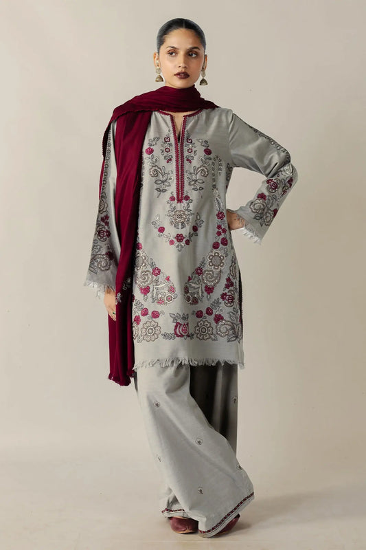Unstitched 3 Piece Fully Embroidered Dhanak Suit with Embroidered Dhanak Shawl