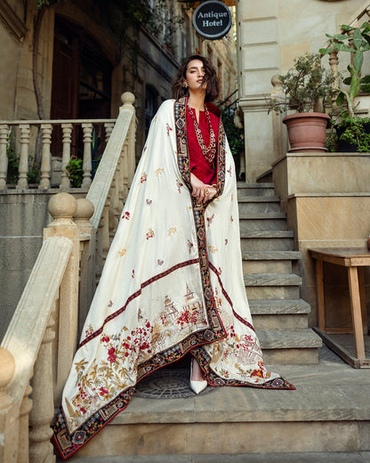 Unstitched 3 Piece Fully Embroidered Dhanak Suit with Printed Woolen Shawl