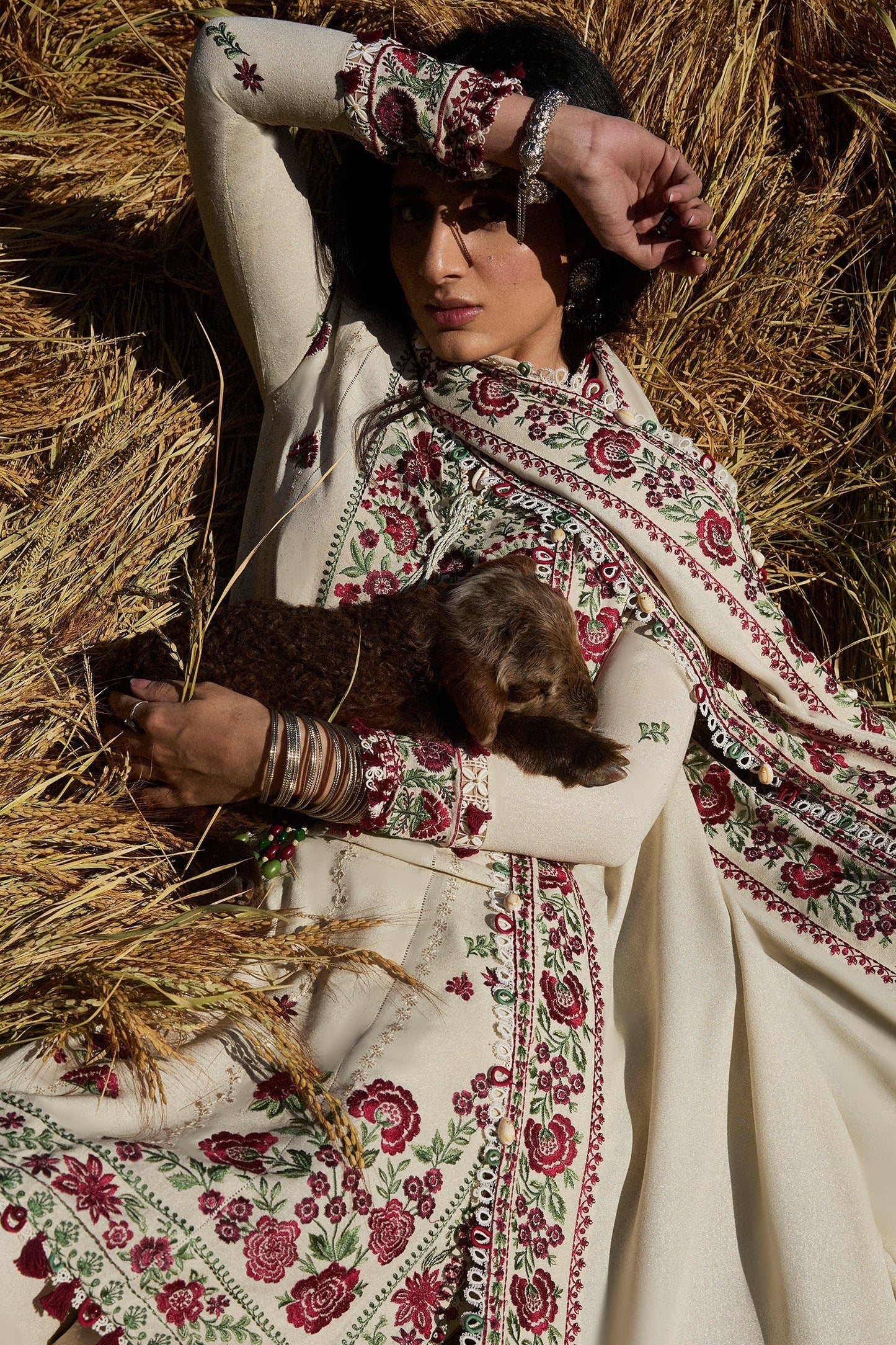 Unstitched 3 Piece Fully Embroidered Dhanak Suit with Embroidered Dhanak Shawl