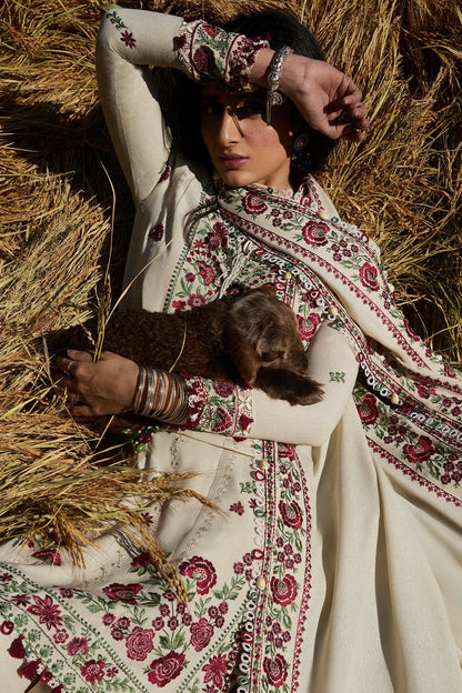 Unstitched 3 Piece Fully Embroidered Dhanak Suit with Embroidered Dhanak Shawl