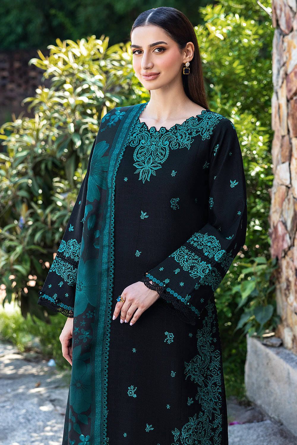 Unstitched 3 Piece Fully Embroidered Dhanak Suit with Printed Dhanak Shawl