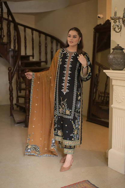 Unstitched 3 Piece Fully Embroidered Dhanak Suit With Embroidered Dhanak Shawl
