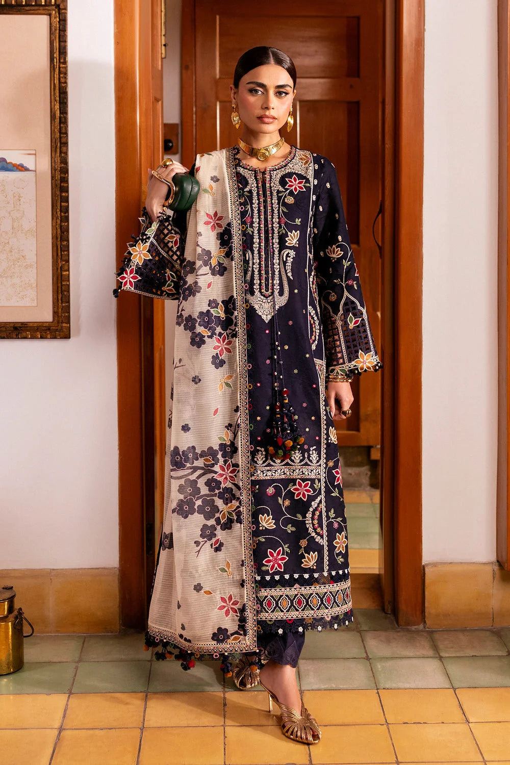3 Piece Unstitched Fully Embroidered Dhanak Dress With Printed Blended Shawl