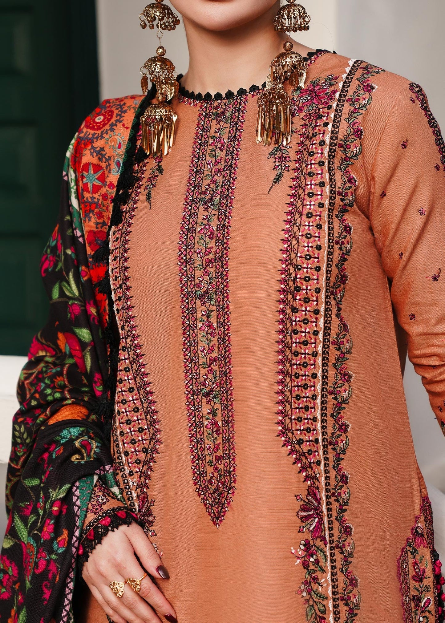 Unstitched 3 Piece Fully Embroidered Dhanak Suit with Printed Woolen Shawl
