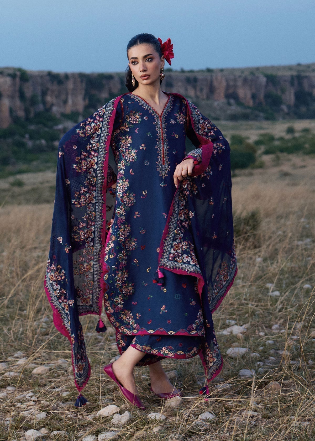 3 Piece Unstitched Heavy Embroidered Dhanak Suit With Embroidered Chiffon Dupatta