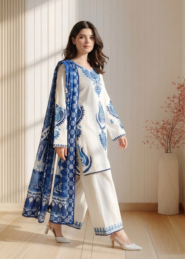 Unstitched 3 Piece Embroidered Dhanak Fabric With Printed Blended Shawl