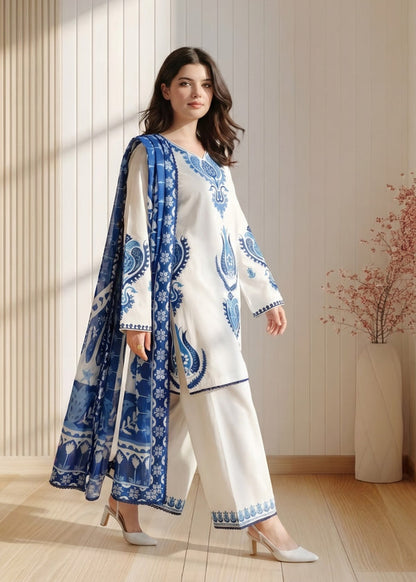 Unstitched 3 Piece Embroidered Dhanak Fabric With Printed Blended Shawl