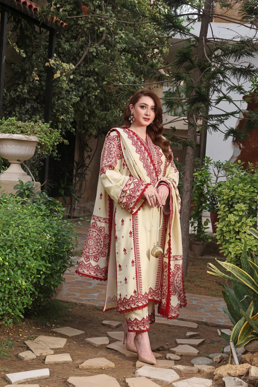 Unstitched 3 Piece Fully Embroidered Dhanak Suit with Printed Dhanak Shawl