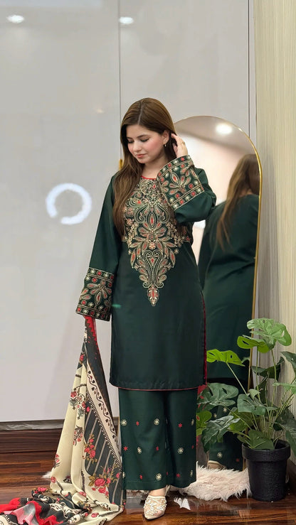 Unstitched 3 Piece Fully Embroidered Dhanak Fabric With Printed Blended Shawl