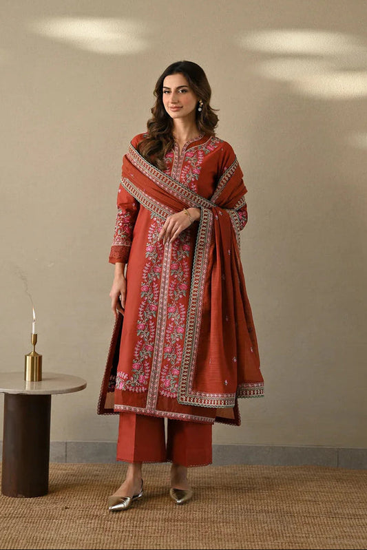 Unstitched 3 Piece Fully Embroidered Dhanak Suit with Embroidered Dhanak Shawl