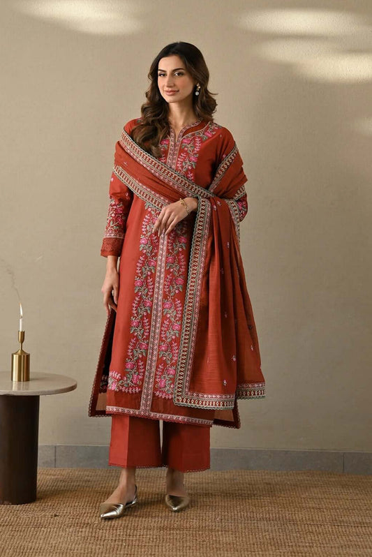 3 Piece Unstitched Embroidered Dhanak Suit With Four-Sided Embroidered Dhanak Shawl
