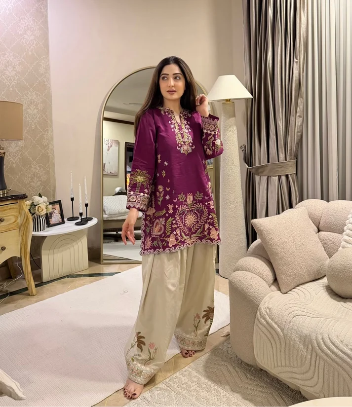 Unstitched 2 piece Fully Embroidered Dhanak Dress