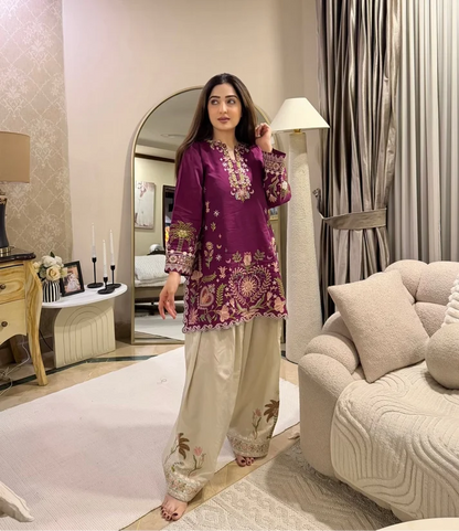 Unstitched 2 piece Fully Embroidered Dhanak Dress