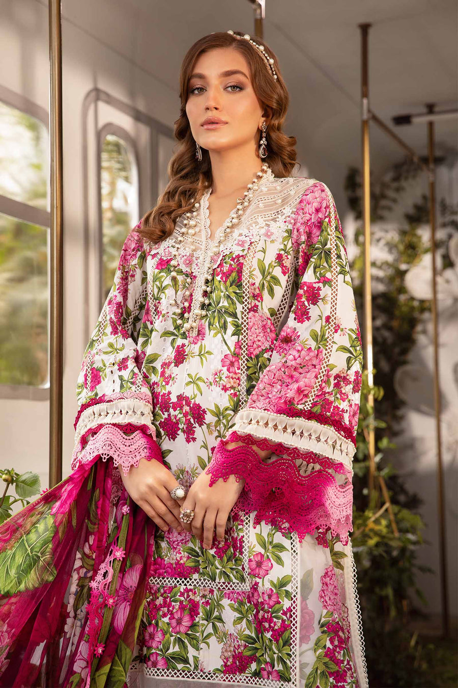 Unstitched 3 Piece Digital Printed And Embroidered Lawn Dress With Silk Dupatta