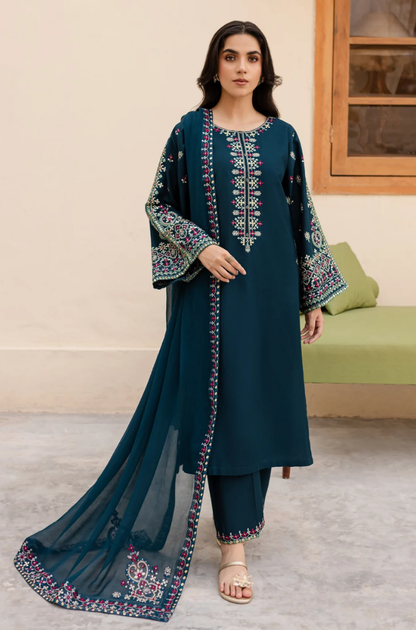 Unstitched 3 Piece Embroidered Dhanak Suit with Embroidered Dhanak Shawl