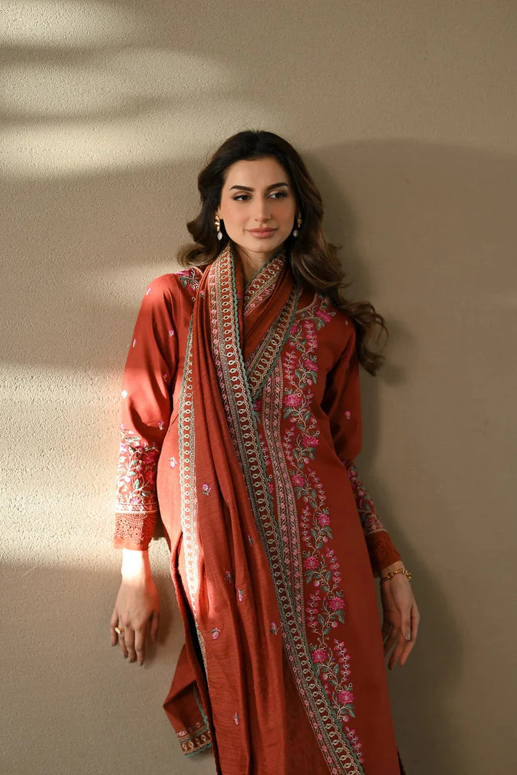 Unstitched 3 Piece Fully Embroidered Dhanak Suit with Embroidered Dhanak Shawl