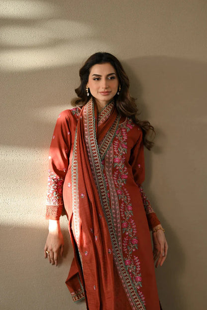 Unstitched 3 Piece Fully Embroidered Dhanak Suit with Embroidered Dhanak Shawl