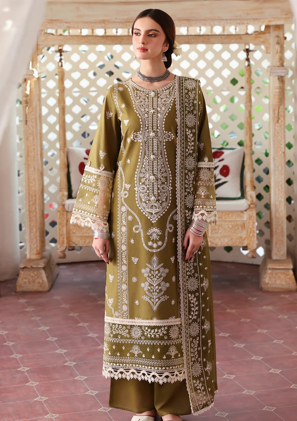 Unstitched 3 Piece Fully Embroidered Dhanak Suit with Embroidered Dhanak Shawl