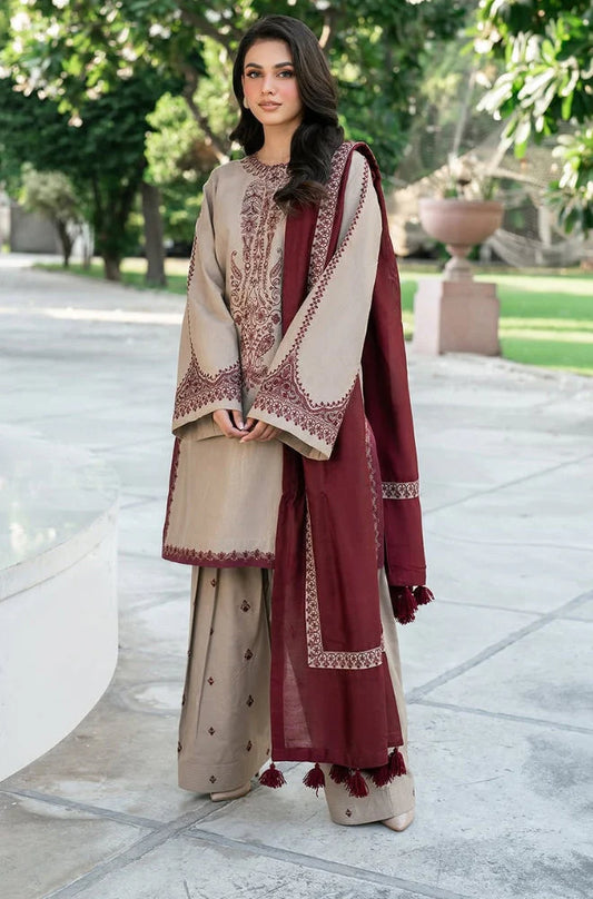 3 Piece Unstitched Fully Embroidered Dhanak Fabric With Dhanak Embroidered shawl