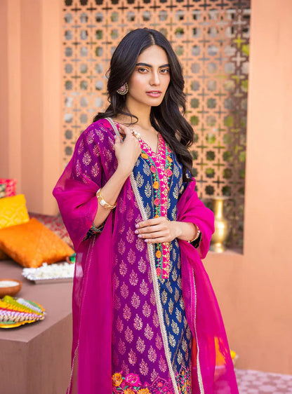 Unstitched 3 Piece Digital Printed Lawn Shirt Trouser And Dupatta with Embroidered Lace
