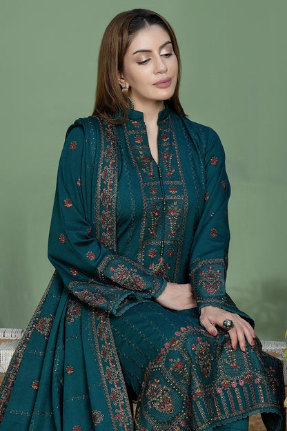 Unstitched 3 Piece Fully Embroidered Dhanak Suit with Embroidered Dhanak Wool Shawl