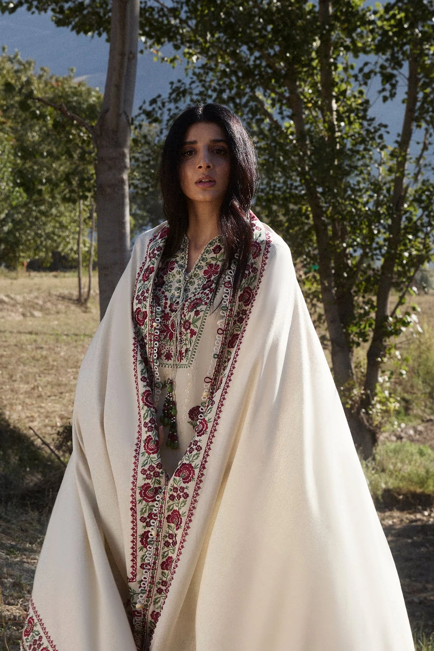Unstitched 3 Piece Fully Embroidered Dhanak Suit with Embroidered Dhanak Shawl