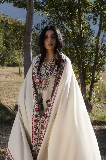 Unstitched 3 Piece Fully Embroidered Dhanak Suit with Embroidered Dhanak Shawl