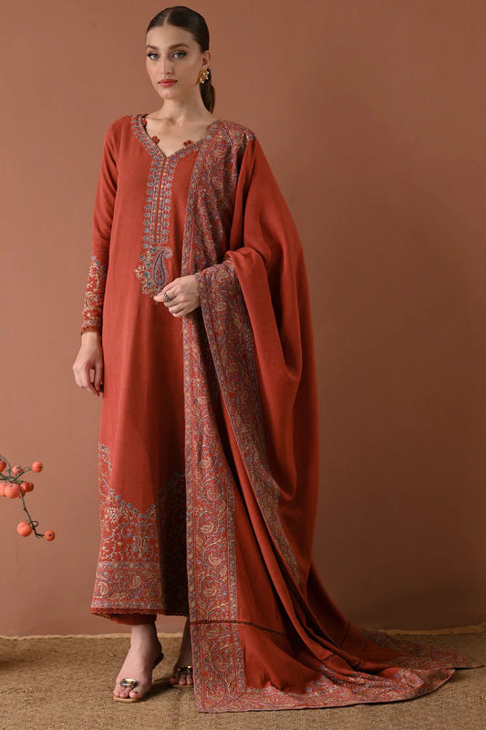 Unstitched 3 Piece Fully Embroidered Dhanak Fabric With Embroidered Dhanak Shawl