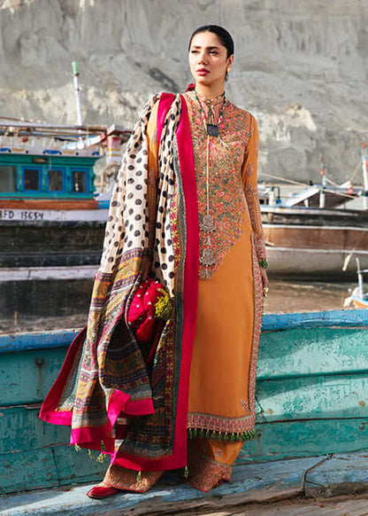 Unstitched 3 Piece Fully Embroidered Dhanak Suit with Printed Woolen Shawl
