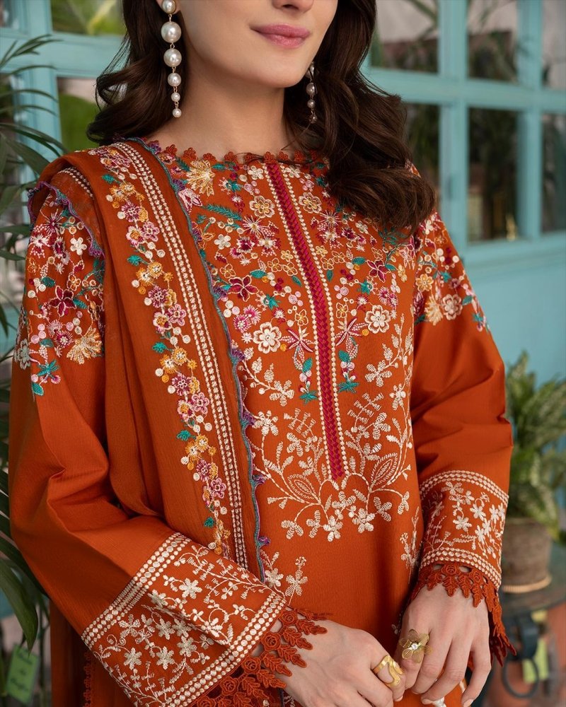 Unstitched 3 Piece Fully Embroidered Dhanak Fabric With Embroidered Dhanak Shawl