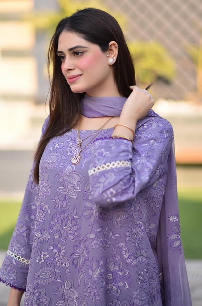 Unstitched 3 Piece Fully Embroidered Lawn Suit With Shiffon Dupatta