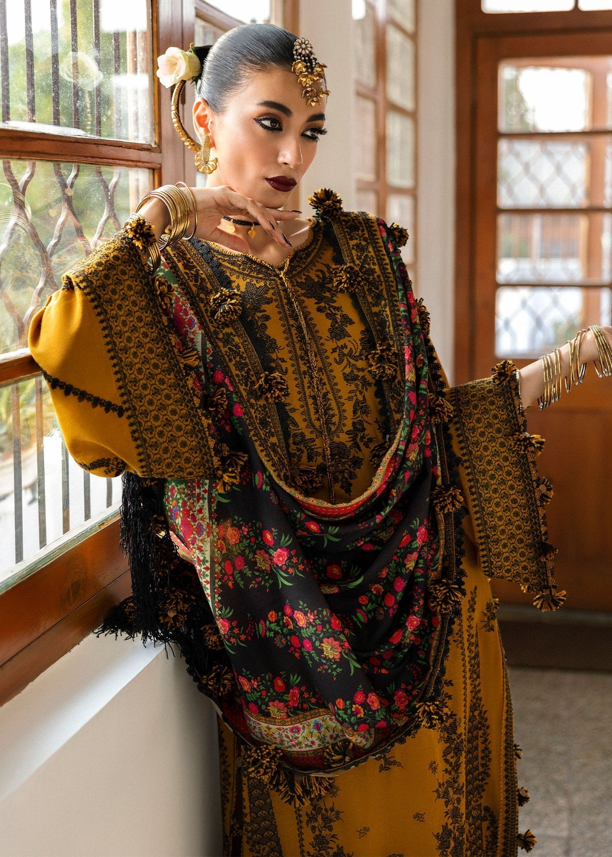 HR-3045 - 3 Piece Unstitched Embroidered Dhanak Suit With Digital Printed Shawl