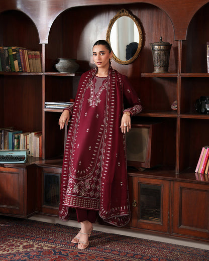 3 Piece Unstitched Heavy Embroidered Dhanak Fabric With Dhanak Embroidered Shawl