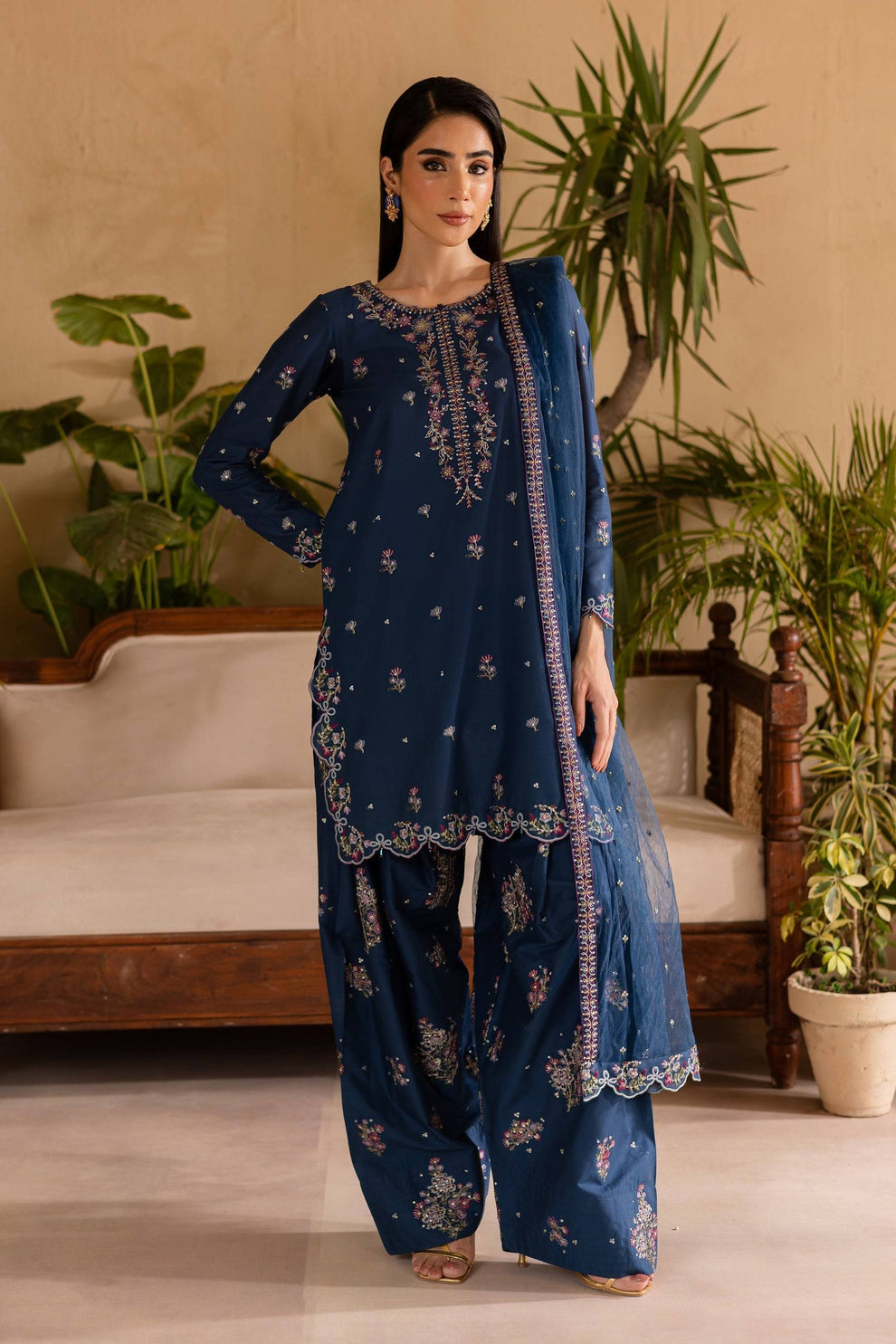 BT 2940 - 3 Piece Unstitched Heavy Embroidered Dhanak Fabric With Embroidered Chiffon Dupatta)