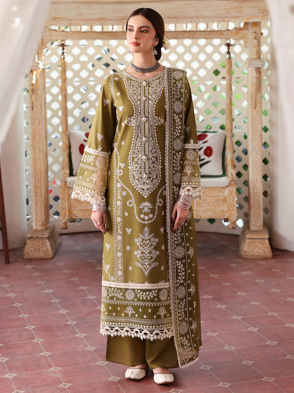 Unstitched 3 Piece Fully Embroidered Dhanak Suit with Embroidered Dhanak Shawl